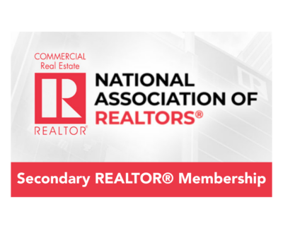 ICBR Secondary REALTOR - The Indiana Commercial Board of Realtors National Association of Realtors branding with 'Commercial Real Estate' and red REALTOR logo on the left; grayscale background.
