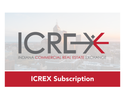 ICREX Subscription - The Indiana Commercial Board of Realtors ICREX promotional banner with the Indiana Commercial Real Estate Exchange logo over a city skyline and a red Subscription strip at the bottom