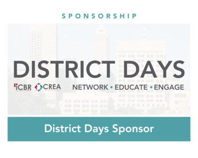 District Days Sponsor - The Indiana Commercial Board of Realtors Promo banner announcing District Days sponsorship with partner logos and a city skyline background.