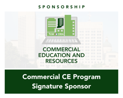 Commercial CE Signature Sponsor - The Indiana Commercial Board of Realtors Sponsorship hero with a laptop graphic and sponsor logos, introducing Commercial Education and Resources program