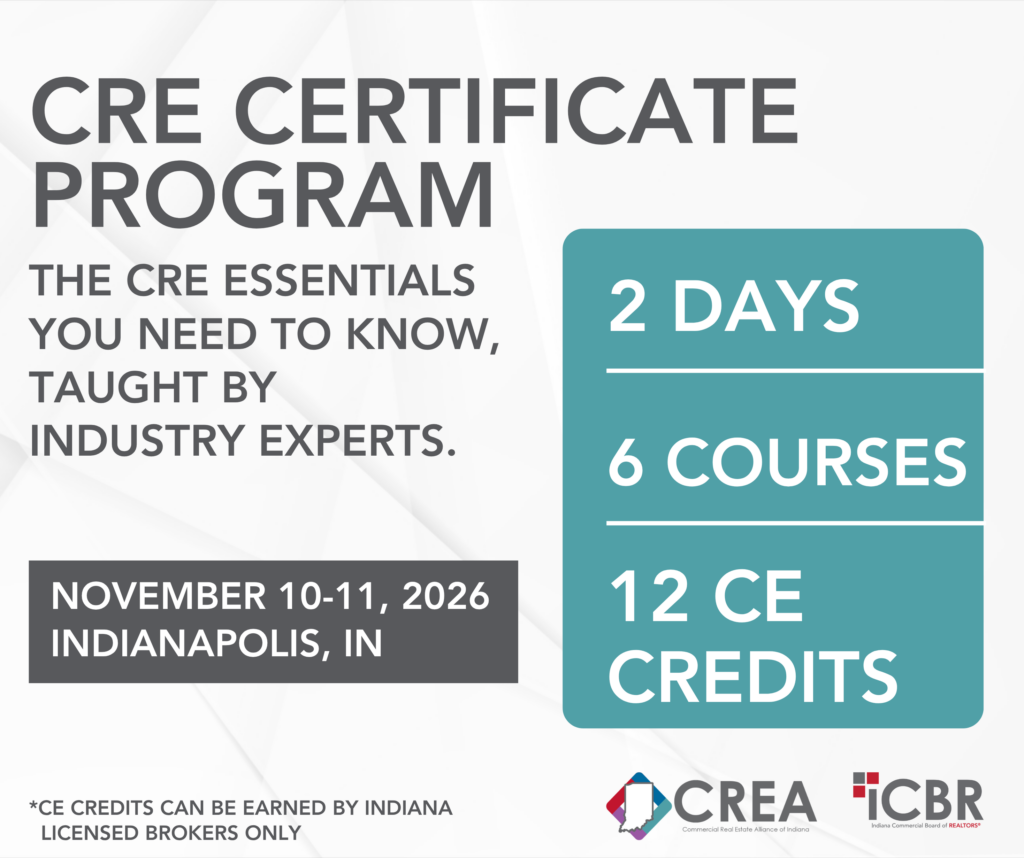 Promotional banner for CRE Certificate Program: two-day event with six courses, featuring dates and location (Nov 10–11, 2026 in Indianapolis, IN) and CE credits note with partner logos at bottom.
