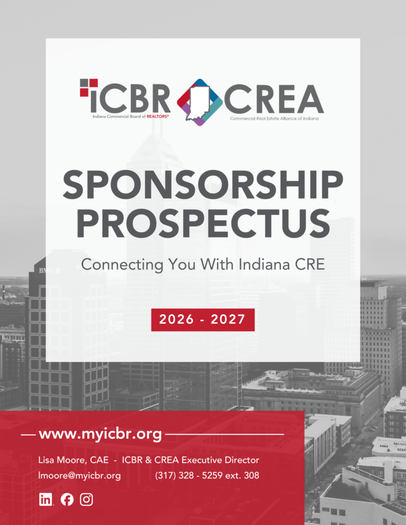 Poster for Sponsorship Prospectus (2026–2027) with ICBR/CREA logos over a cityscape and a red footer banner.