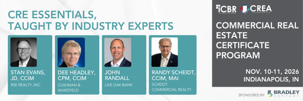 CRE Essentials banner with four speaker cards (Stan Evans, Dee Headley, John Randall, Randy Scheidt) and a right-side program panel with event details.